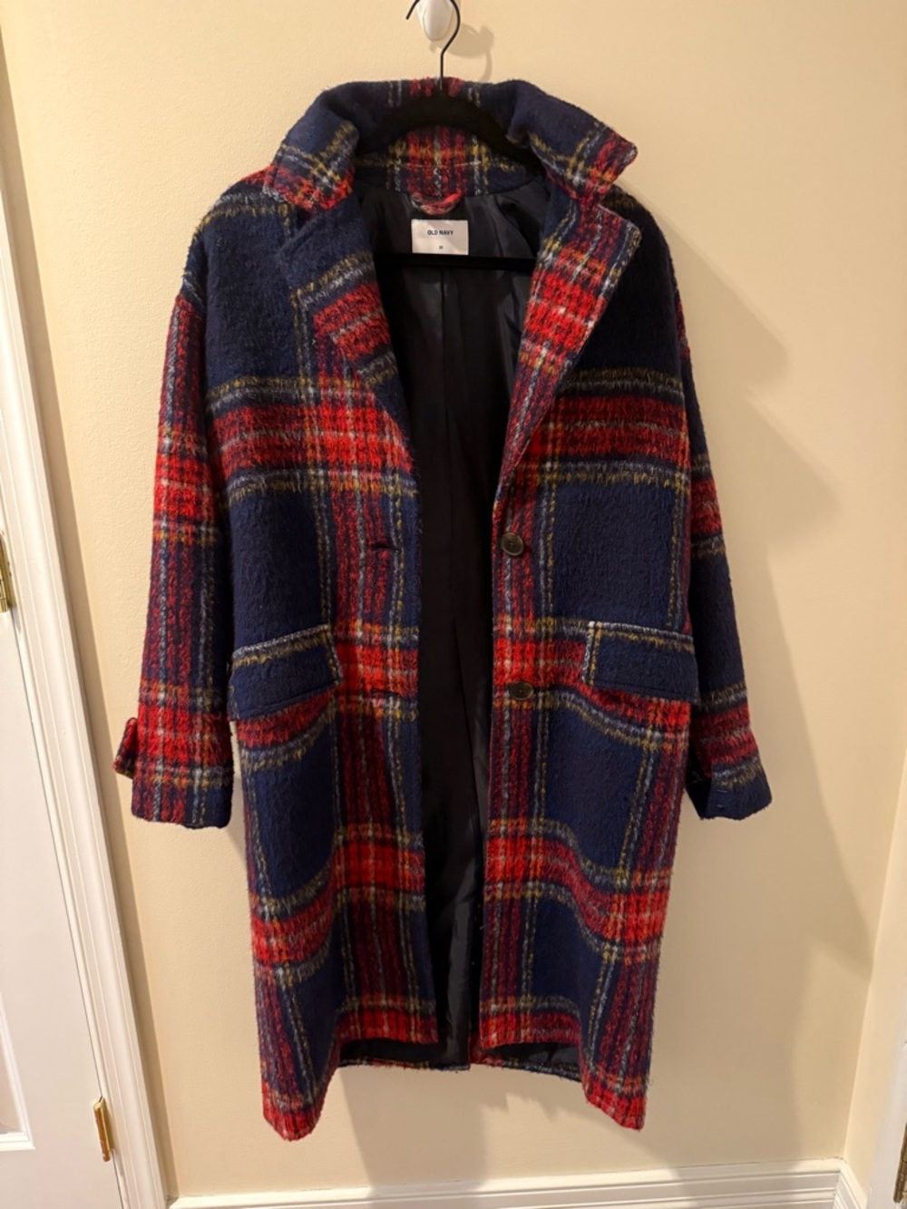 Old Navy Navy & Red Plaid Long Pea Coat